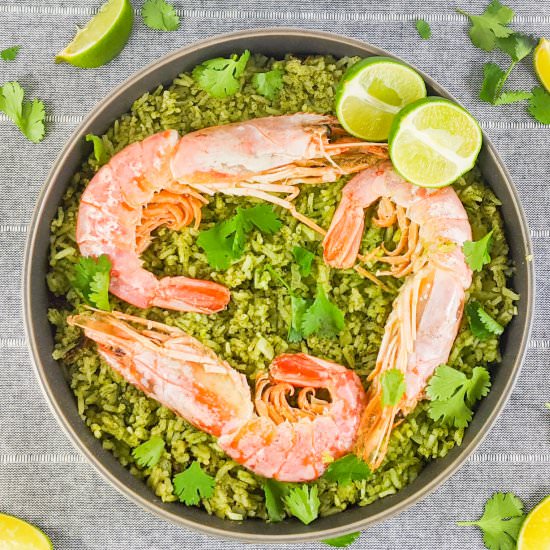 Prawns with green rice