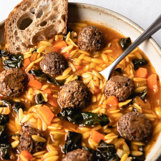 Vegan Mini Meatball and Orzo Soup