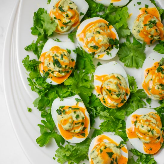 SPICY DEVILED AVOCADO EGGS