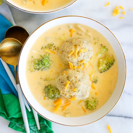 Broccoli Cheddar Matzah Ball Soup