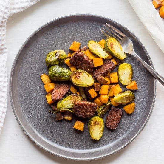 brussels tempeh sheet pan hash