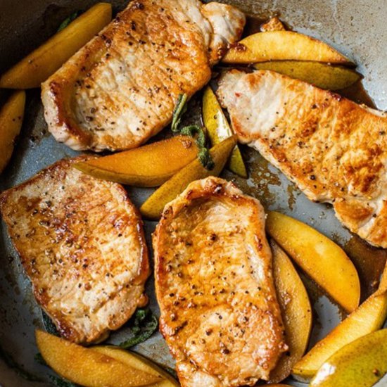 Pork Chops, Pears, Mustard Greens