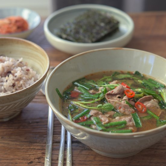 Beef Doenjang Soup with Watercress