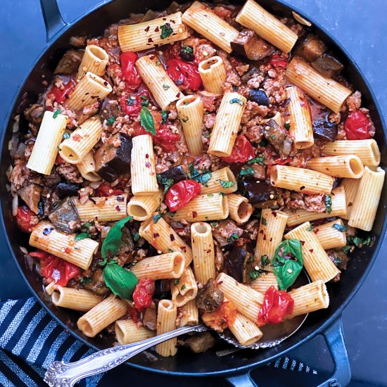 Eggplant pasta with Italian Sausage