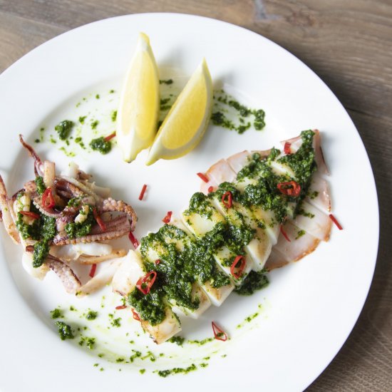 Grilled squid with cilantro pesto