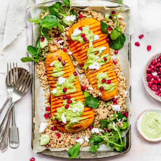 Hassleback Squash with Herby Tahini