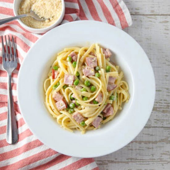 Fettuccine Alfredo with Ham Peas