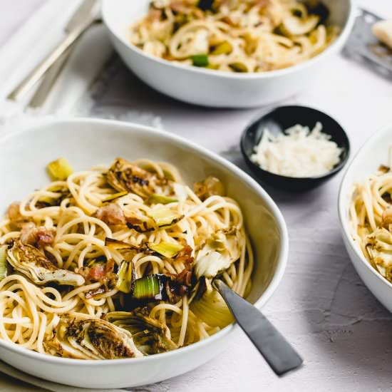 Pasta with Pancetta, Leeks and Arti