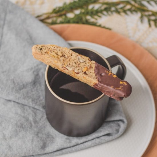 chocolate dipped oat pulp biscotti