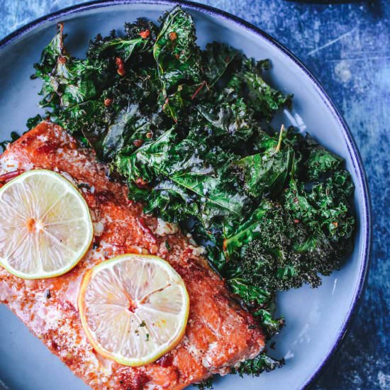 Harissa Salmon with Kale