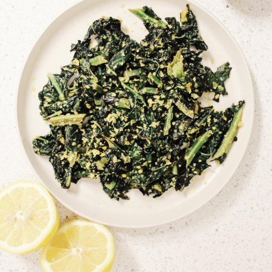 “Cheesy” Lemon Garlic Kale (Vegan)