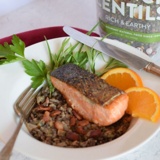 Crispy Skin Salmon w Bacon Lentils