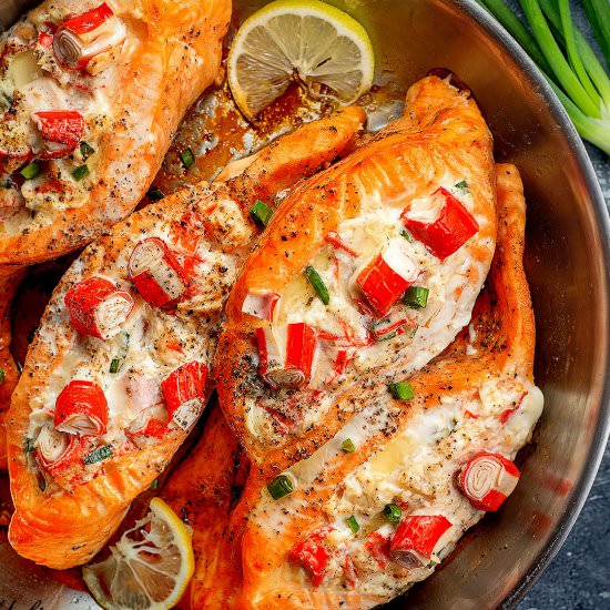 Crab stuffed salmon