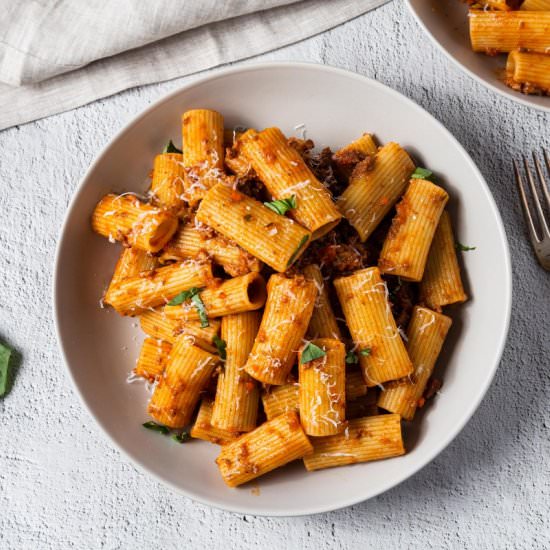 Pork and Beef Rigatoni Bolognese