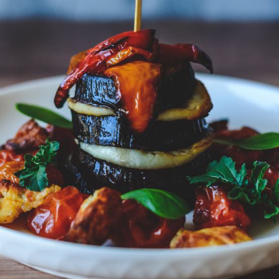 Roasted Aubergine & Halloumi Stack