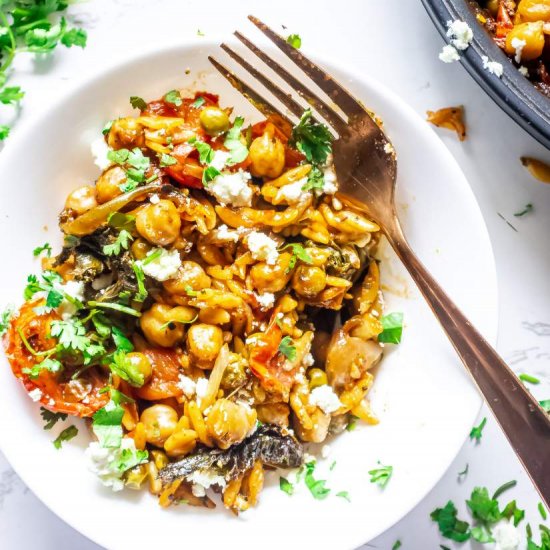 Baked Orzo with Feta and Peas