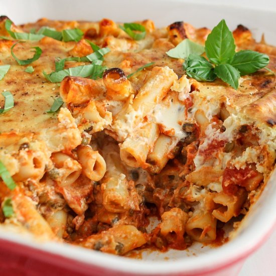 Vegan Baked Ziti with Lentils