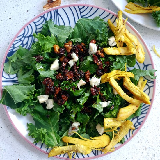 Warm walnut dressing kale salad