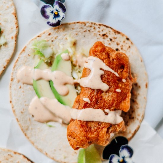 Beer battered Baja style fish tacos