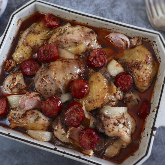 Baked chicken with chouriço