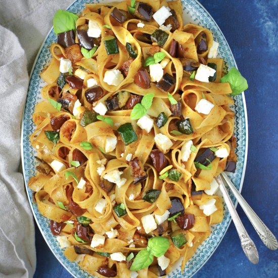 Pasta with eggplants and zucchini