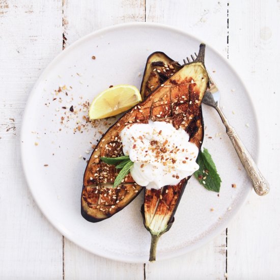 Dukkah and Harissa Roasted Eggplant