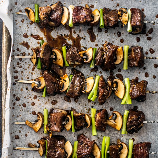 saucy korean bbq beef skewers