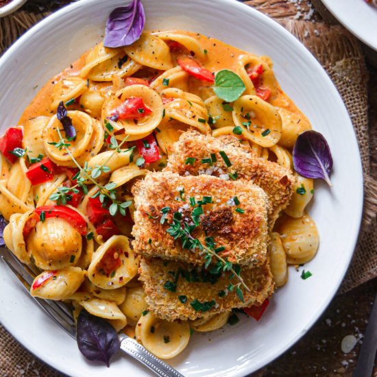 Vegan Creamy Pasta, Crispy Tofu