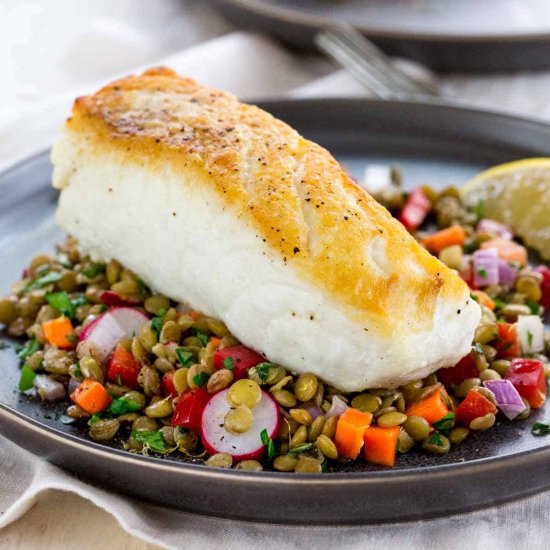 Pan Roasted Halibut with Lentil Sal