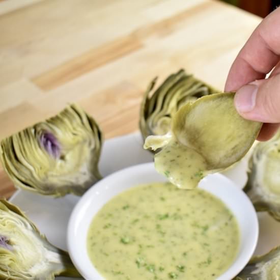 Steamed Artichokes and Spruce Aioli