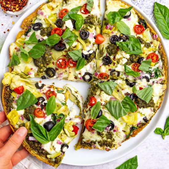 socca pizza with pesto