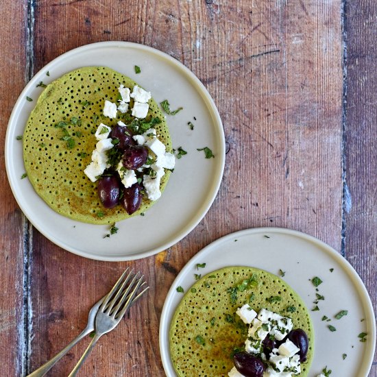 pea pancakes with feta and olive