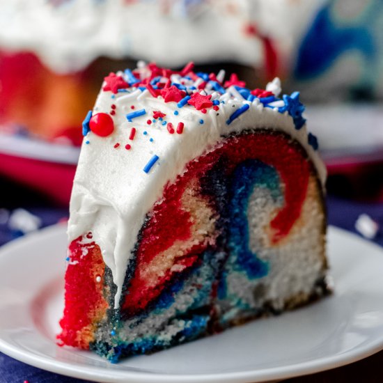 red, white, & blue swirl bundt cake