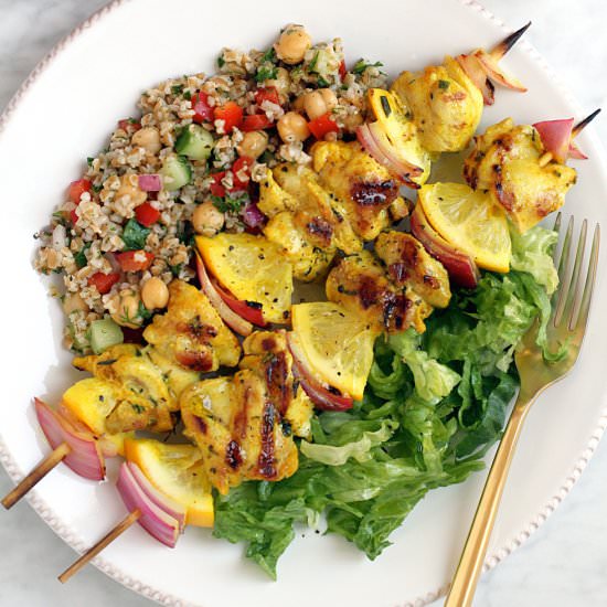 Lemon Chicken Kebabs with Bulgur