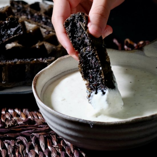 Black waffles – whipped feta dip