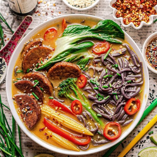 Vegan Thai yellow curry noodle soup