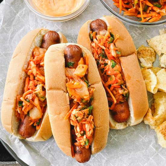 Hot Dogs with Kimchi Slaw