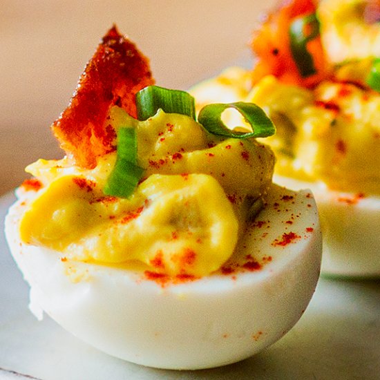 Candied Bacon Jalapeño Deviled Eggs