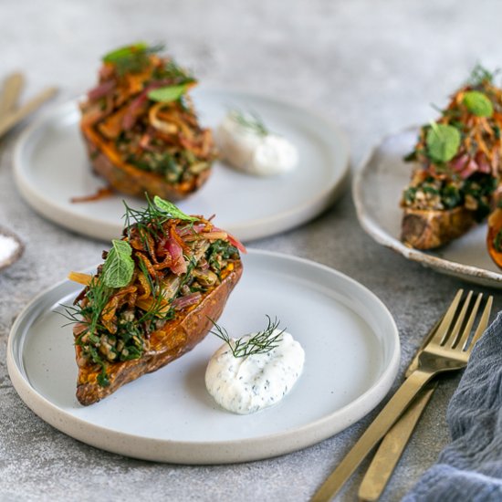 baked sweet potato with swiss chard