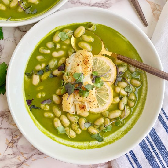 Cod with Herb Brothy Beans