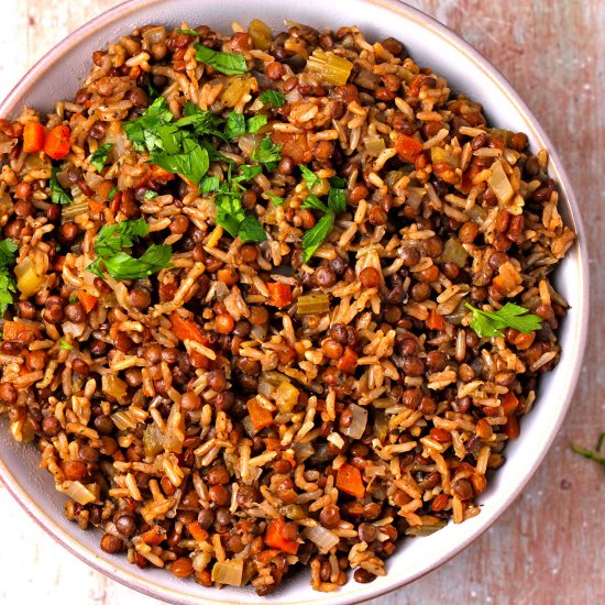 Brown rice and French lentils