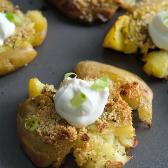 Smashed potatoes w/ vegan parmesan