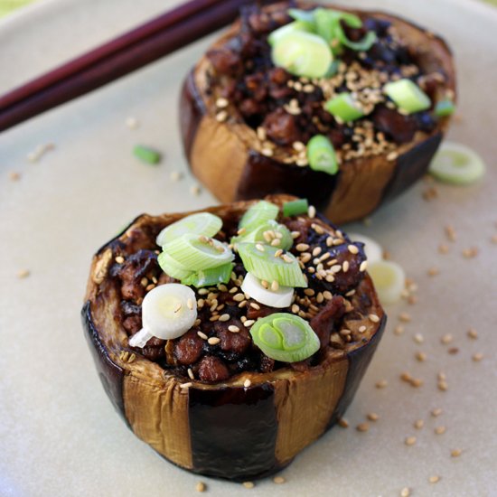 Miso pork stuffed eggplant