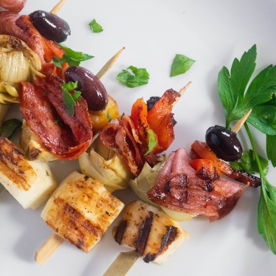 Grilled Halloumi Antipasta Skewers