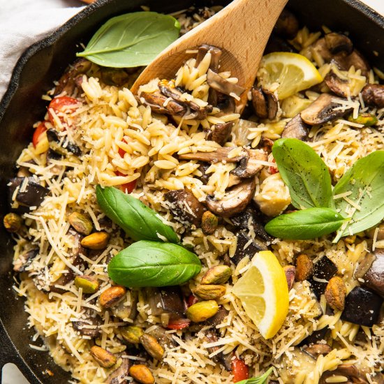 Lemon Garlic Eggplant Orzo