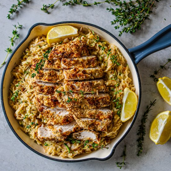 HERB-CRUSTED CHICKEN AND ORZO