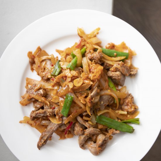 Kimchi and lamb strips stir fry