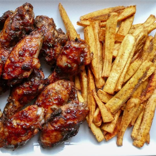 Jerk Wings with Plantain Fries