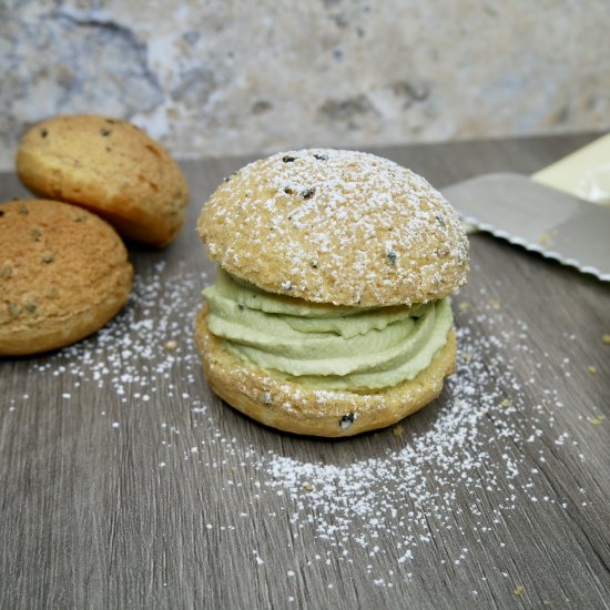 MATCHA YUZU CHOUX WITH BLACK SESAME