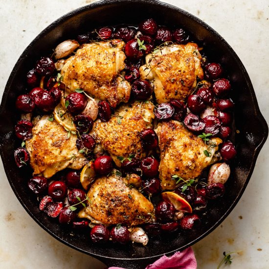 Crispy Chicken Thighs with Cherries